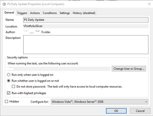 General tab settings